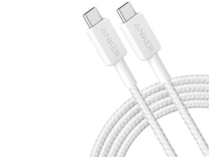 Câble d'alimentation et de données Anker, USB Type-C (T) vers USB Type-C (T), longueur 1,8 m, taux de transfert 480 Mbps, 60 W, revêtement nylon, tressé, blanc