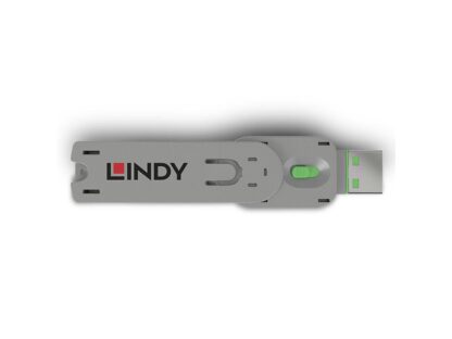 Bloqueur de port Lindy USB A (sans clé) Vert Description USB Type A Dimensions (environ) LxPxH - 18x75,16x12 mm (0,71x2,96x0,47 pouces) Matériau du boîtier - ABS Poids net - 0,008 kg (0,02 lb) Code couleur - Vert Emballage Type - Polybag Dimensions de l'emballage - 133x144mm (5,24x5,67 pouces) Poids brut - 0,013 kg – Image 2